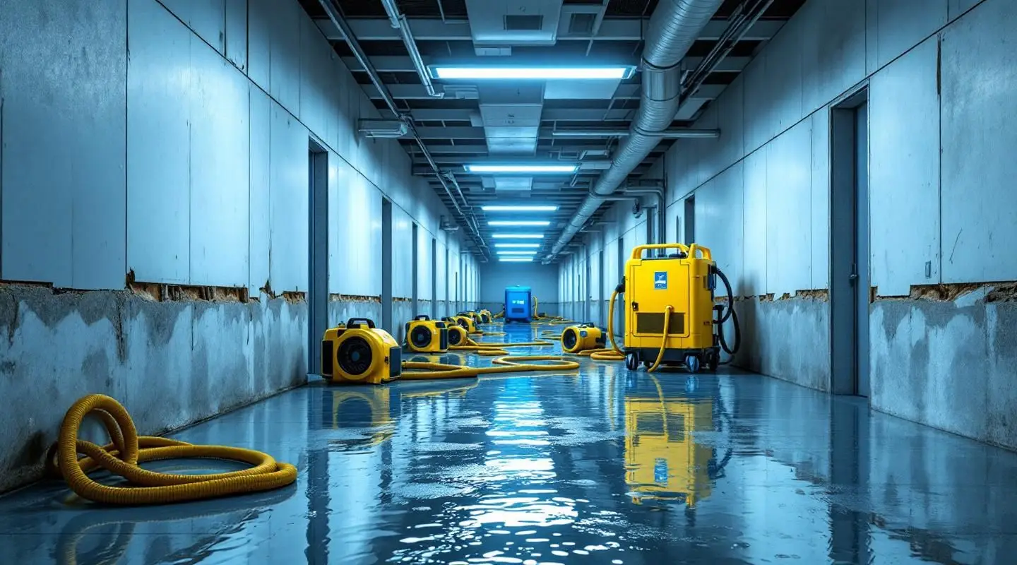 Commercial restoration crew using industrial water extraction equipment and air movers inside a Loveland office building.