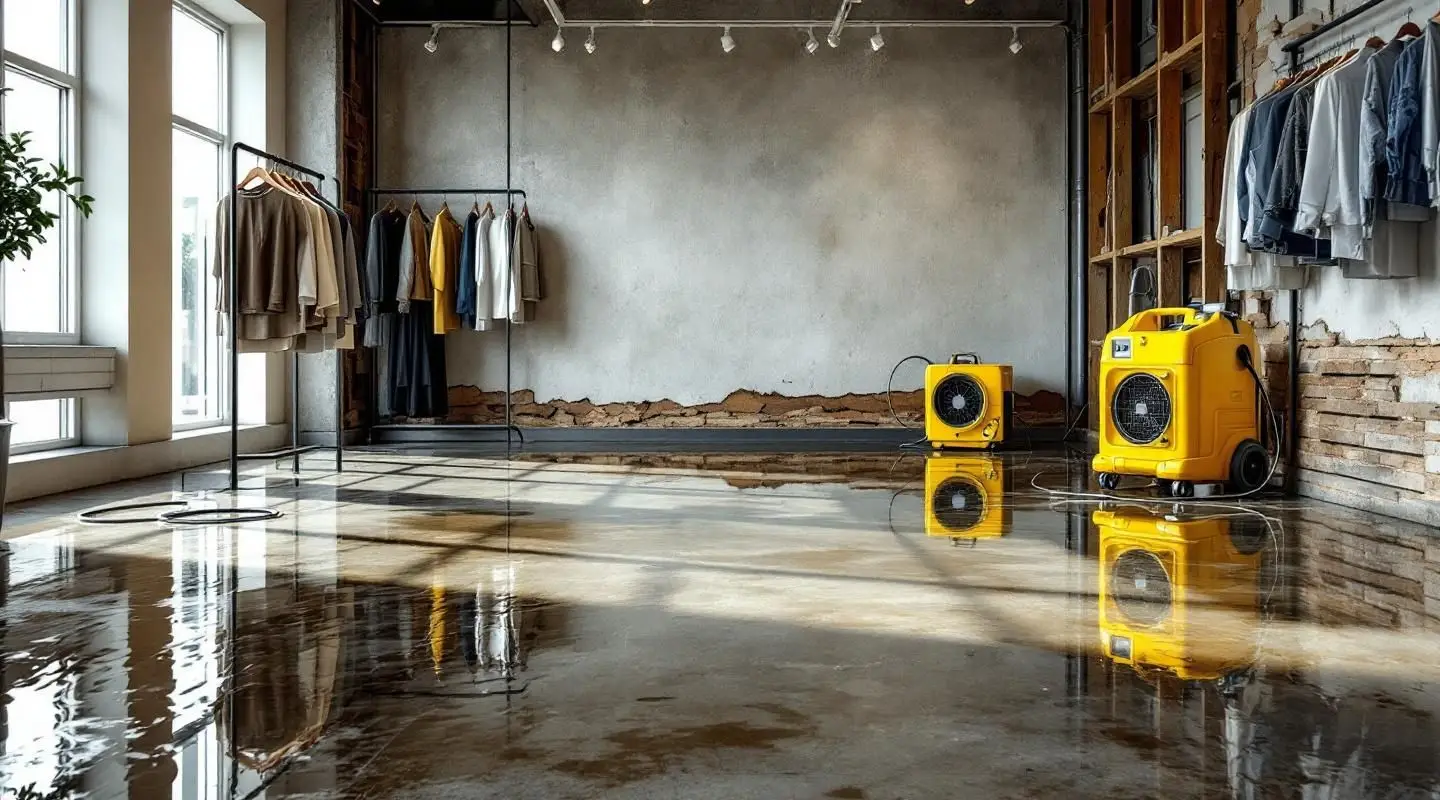 Royalmark Restoration technicians using commercial water extraction equipment inside a flooded Loveland retail store.
