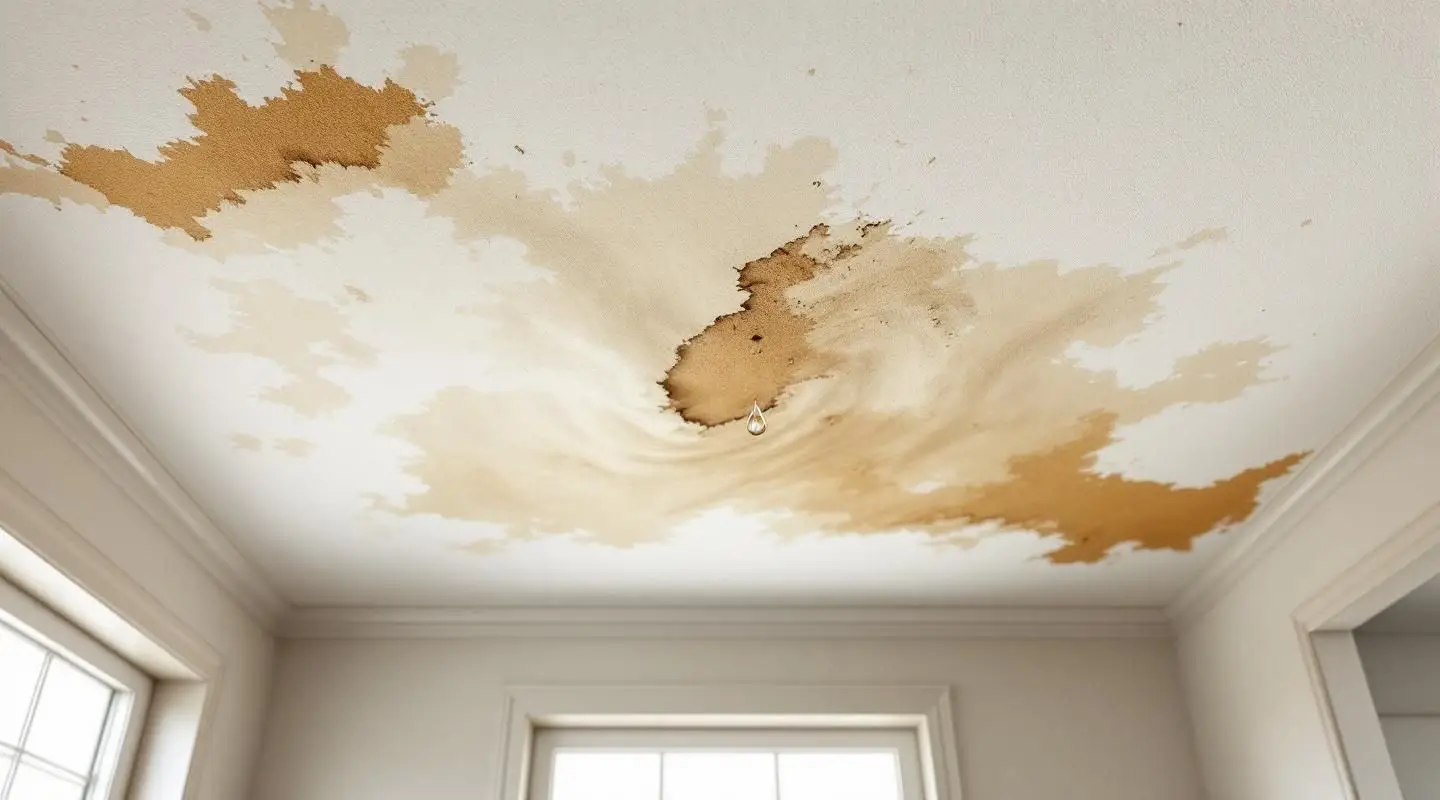 A professional technician using a moisture meter to inspect a water-stained ceiling in a Loveland residential home.