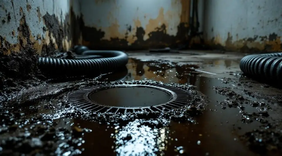 Technician in protective gear extracting wastewater from a Loveland basement floor using professional extraction equipment.