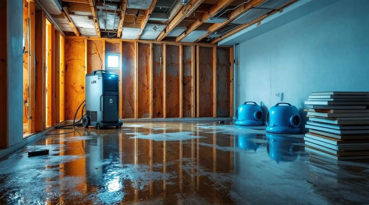 Royalmark Restoration technician setting up professional drying equipment in a flooded Loveland basement.