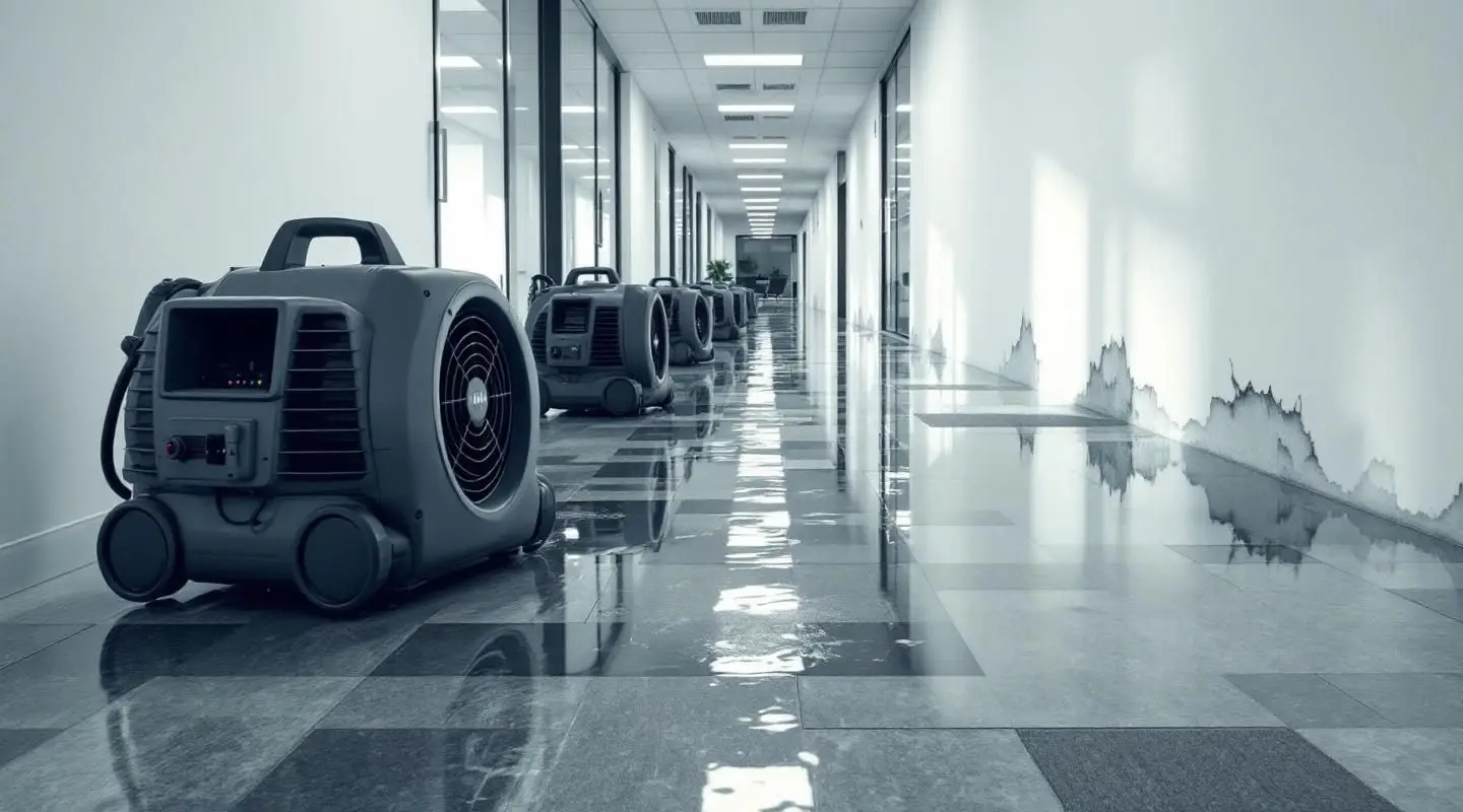 Commercial restoration technicians extracting water from a flooded carpeted office corridor in Loveland using high-capacity extraction pumps and structural drying equipment.