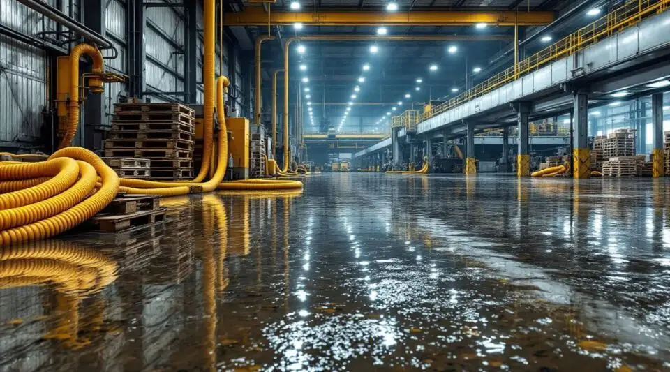 Commercial technicians using truck-mounted water extraction equipment inside a flooded Loveland warehouse facility.