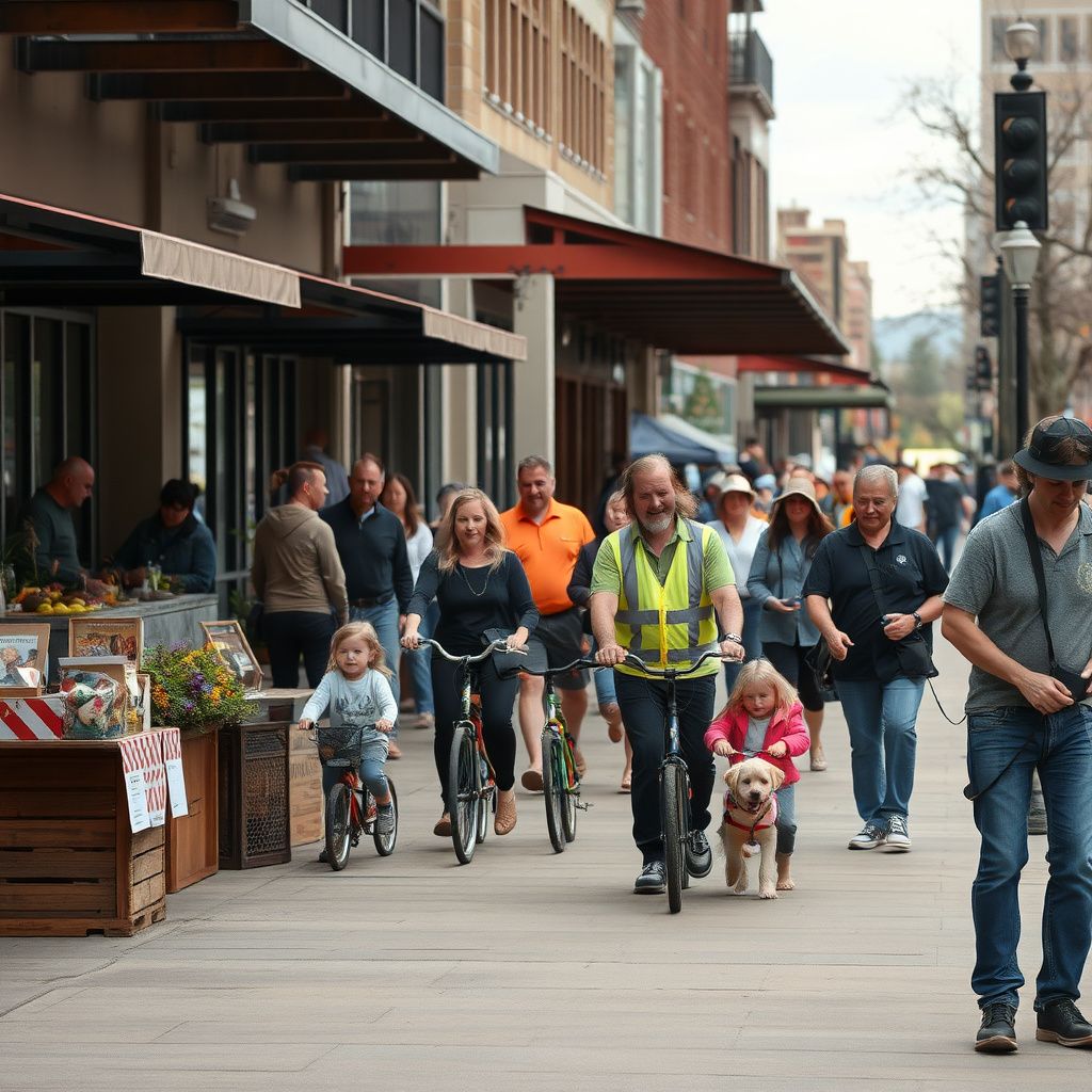 A scenic view of the historic downtown district of Loveland, Colorado, showcasing the preserved brick architecture and vibrant streetscape.