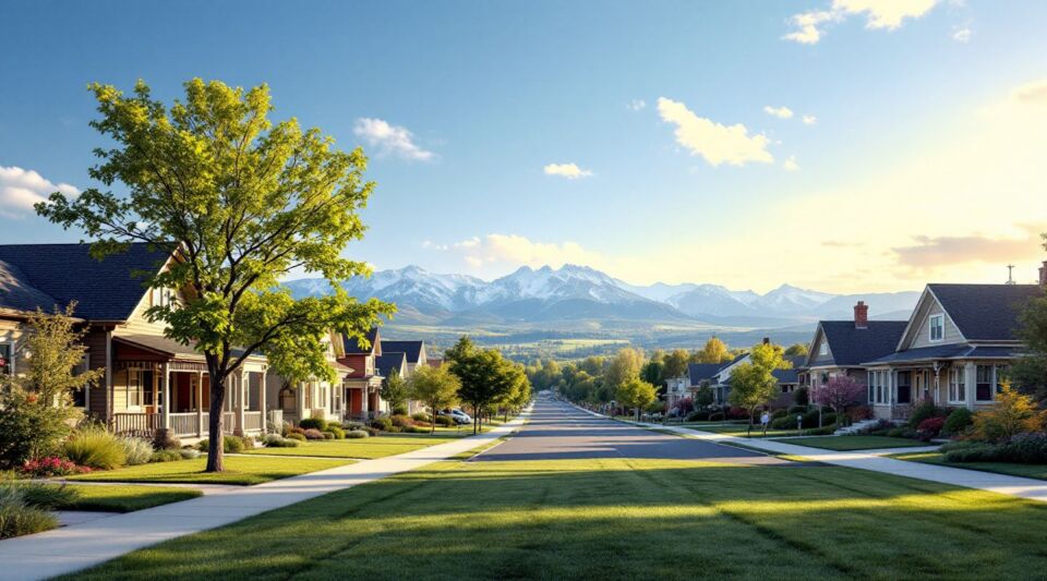 A Royalmark Restoration response vehicle parked along a residential street in Longmont, Colorado, with the Front Range mountains visible in the distance.