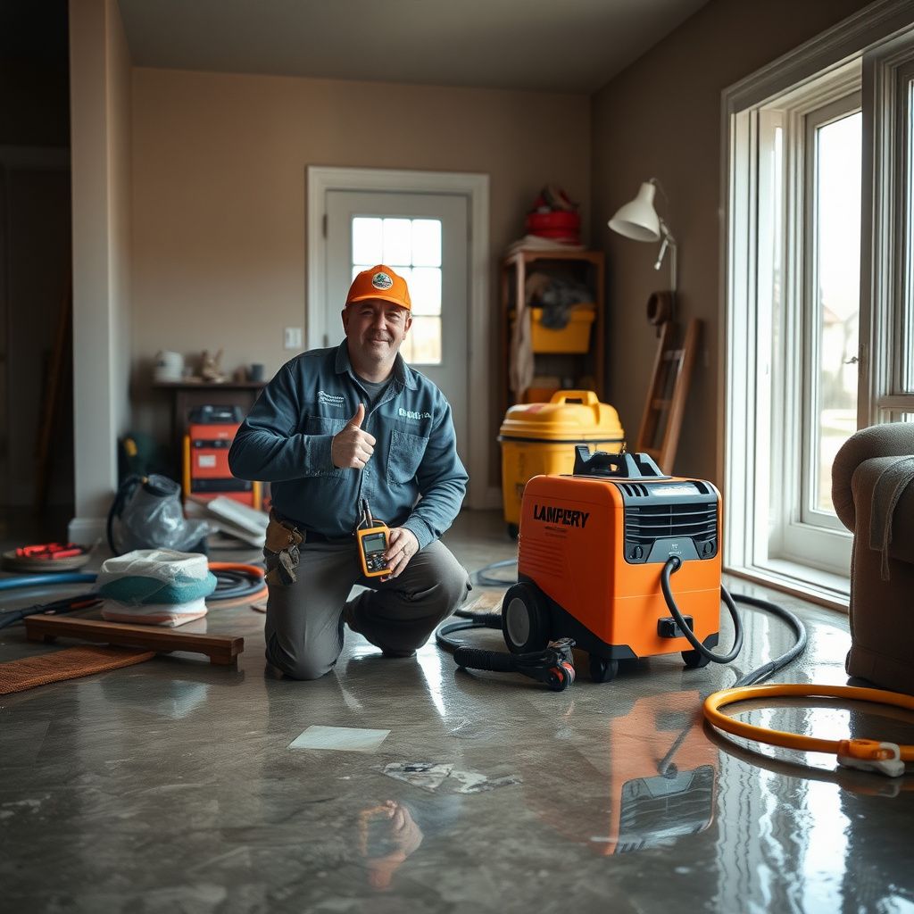 A Royalmark Restoration technician using a moisture meter to check a drywall baseboard in a Johnstown home.