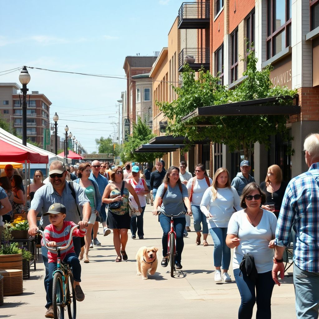 A scenic view of the historic downtown area of Windsor, Colorado, showcasing its classic brick architecture under a clear blue sky.
